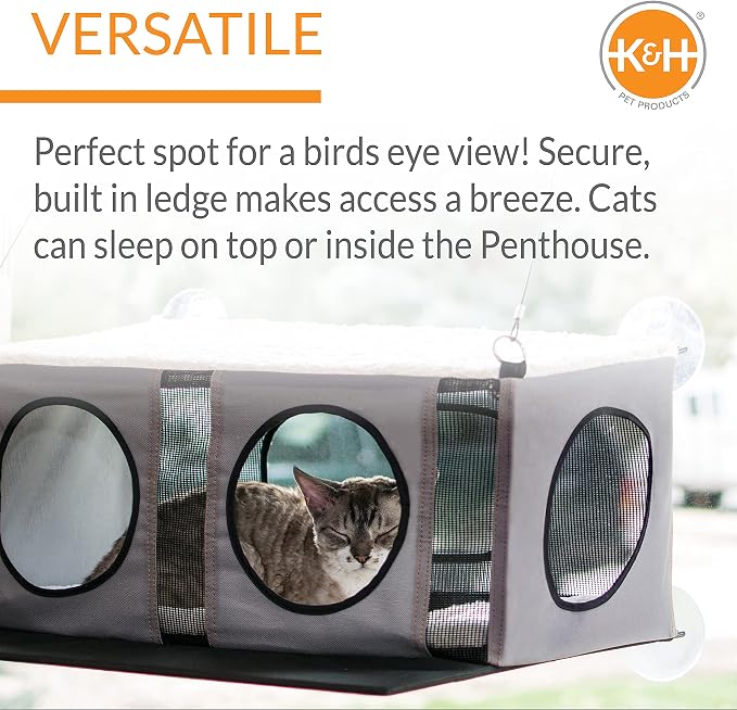 K&H Cat Window Perch, EZ Mount Window Penthouse Kitty Sill, 23x19in, Gray | 2-Level Cat Window Hammock Bed For Large Kitties, Fits 24in Wx34in H Glass, Steel Frame, Strong Suction Cups, Enclosed Condo