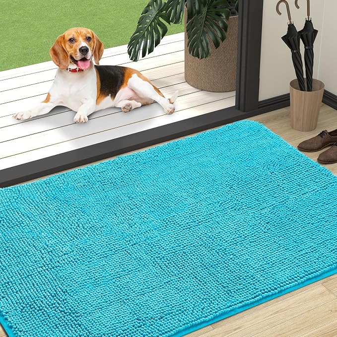 OLANLY Dog Door Mat for Muddy Paws 47x32, Super Absorbent Chenille Mud Mat | Aqua Blue, Absorbs Moisture and Dirt, Non-Slip Machine Washable Doormat, Quick-Drying Indoor Entryway Floor Carpet for Dogs