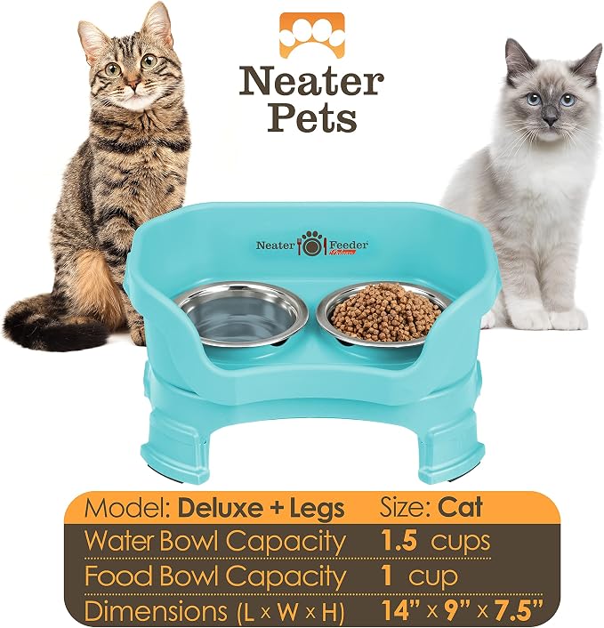 Neater Feeder Deluxe Mess-Proof Elevated Cat Bowls, 2 Height Adjustable (6” & 7.5”) No-Spill Raised Cat Bowl Stand, Whisker Friendly Stainless Steel Dishes for Indoor Cats, Made in USA, Aquamarine