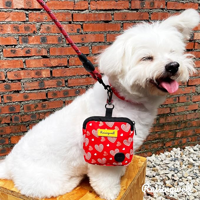 Raisingwell Dog Treat Pouch for Pet Walking and Training with Clicker Poop Bags Small Fanny Zipper Pack Holder for Puppy Snack Dispenser Kit for Leash and Outdoor Use (Valentine)