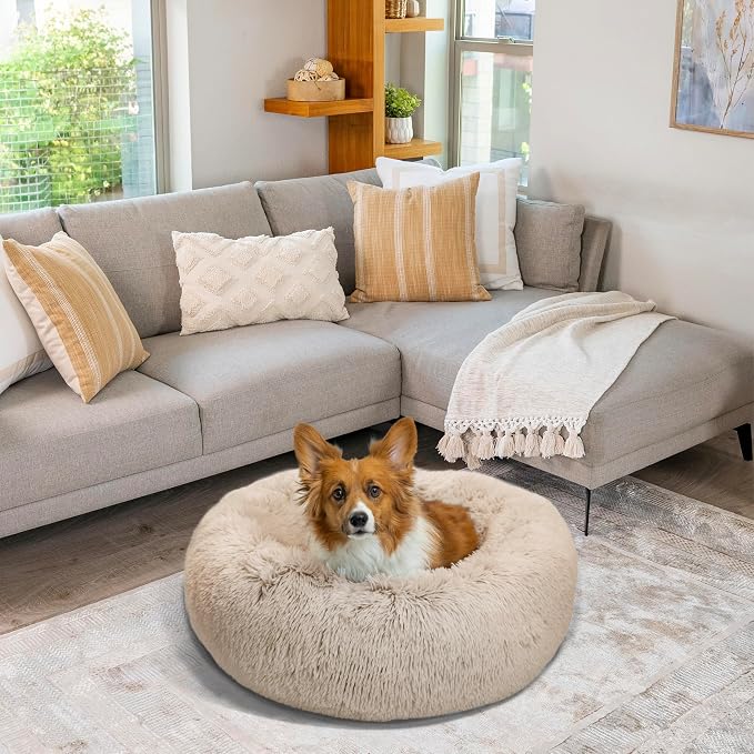 Best Friends by Sheri The Original Calming Donut Dog Bed for Medium Dogs up to 45 lbs, Shag Faux Fur, Taupe, Medium, 30" x 30"