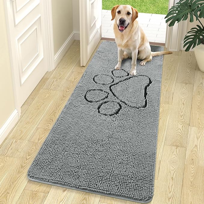 OLANLY Dog Door Mat for Muddy Paws 70x24, Paw Print Design Chenille Mud Mat | Grey, Super Absorbent, Traps Moisture and Dirt, Non-Slip Washable Doormat, Quick-Drying Indoor Entryway Floor Carpet for Dogs