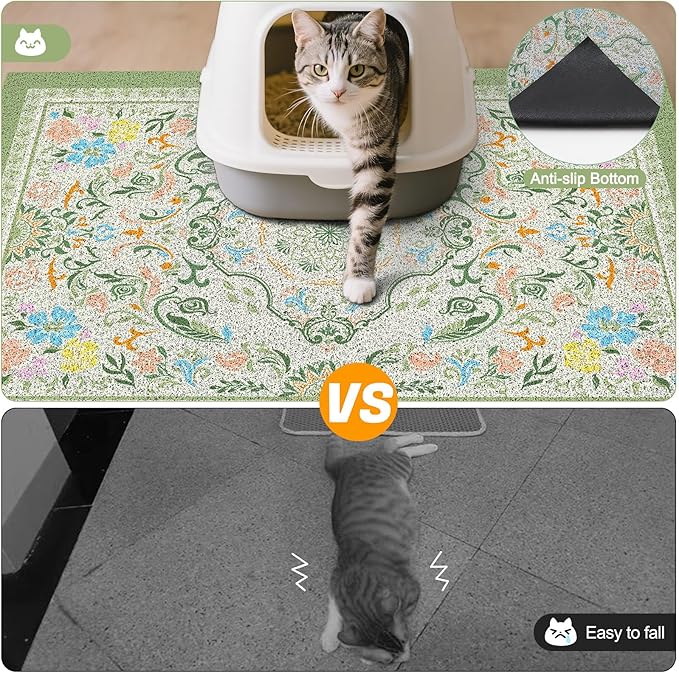 Glittme Cat Litter Mat with Non-Slip Bottom Litter Box Mat 40"X30" Litter Trapping Mat Easy to Clean Washable Cat Food Mat for Kitty,XL