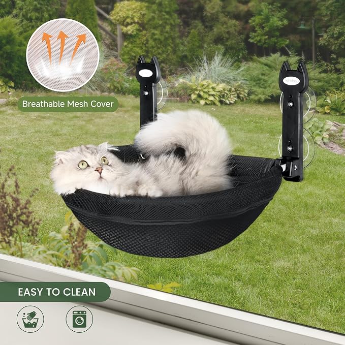 HiPetpy Cat Window Perch, Foldable Cat Hammock with Sunken Design, Breathable Cordless Window Bed with Stud Metal Frame for Large Cats and Kitten (Black Deep Perch, 1 Pack - M)