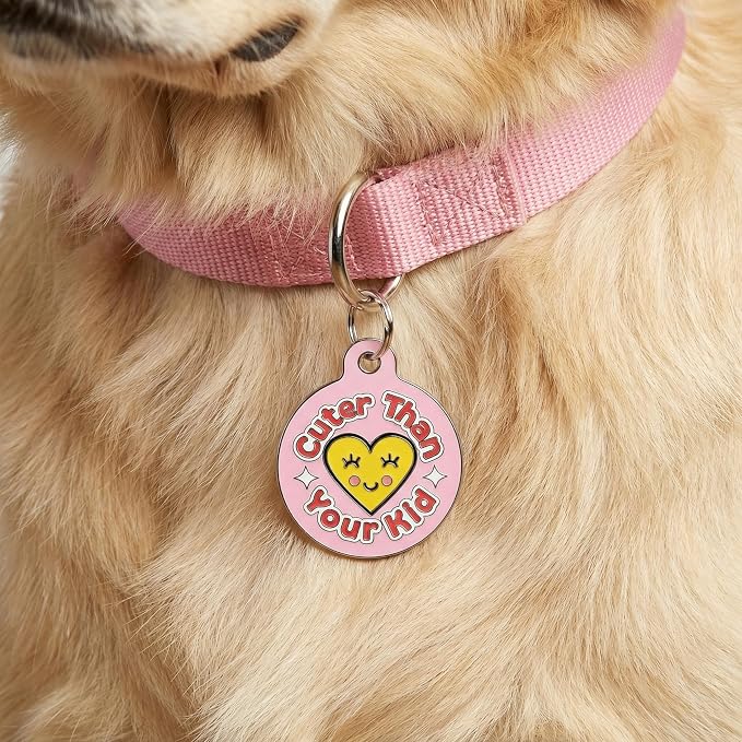 Bad Tags Personalized Dog and Cat ID Tags in 25+ Designs and 2 Sizes - 5 Lines of Custom Engraved Text - Funny Cute Personalized Pet Tags (Cuter Than Your Kid - Pink, Large (1.25 inch))