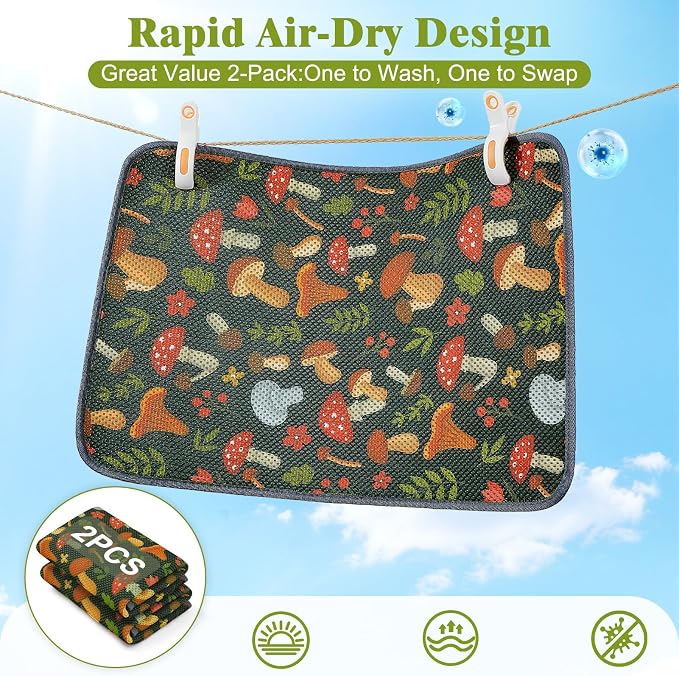 Unicorn Catcher 40X30in 2packCat Litter Mat Machine Washable Soft 3D Air Mesh Litter Box Rug Non-Slip Backing Quick Dry Scatter Control for Paws,Green Mushrooms