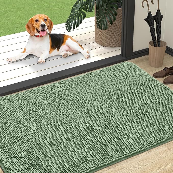 OLANLY Dog Door Mat for Muddy Paws 47x32, Super Absorbent Chenille Mud Mat | Olive Green, Absorbs Moisture and Dirt, Non-Slip Machine Washable Doormat, Quick-Drying Indoor Entryway Floor Carpet for Dogs