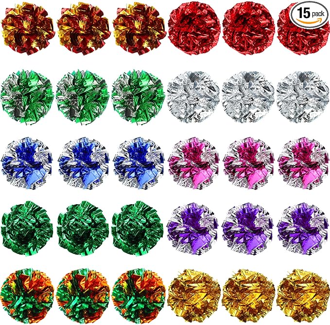Silkfly 15 Pcs Polyester Film Crinkle Balls Cat Toys 2.36" Interactive Crinkle Ball, Colorful Balls Chew Toy for Cat Chase Ball Toys Attract Cats for Indoor Cats and Kittens to Keep Fit and Active