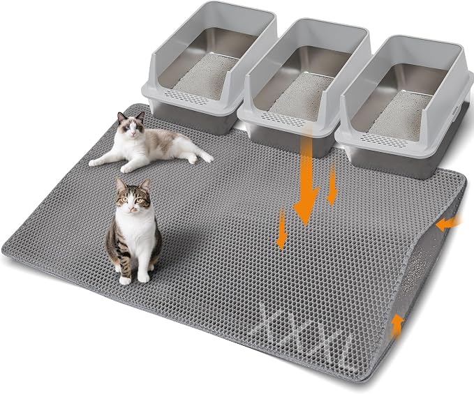 Cat Litter Mat 47"x33" Urine-Proof XL Litter Mat for Litter Box Mat | Large Double Layer Honeycomb Cat Mat, Soft kitty Cat Litter Trapping Mat, Easy Clean Rinse with Water Litter Trapping Grey
