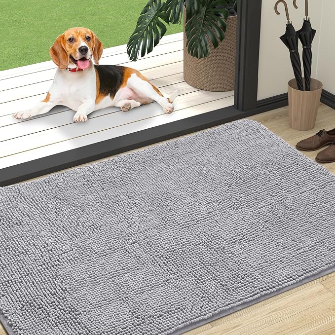 OLANLY Dog Door Mat for Muddy Paws 47x32, Super Absorbent Chenille Mud Mat | Light Grey, Absorbs Moisture and Dirt, Non-Slip Machine Washable Doormat, Quick-Drying Indoor Entryway Floor Carpet for Dogs