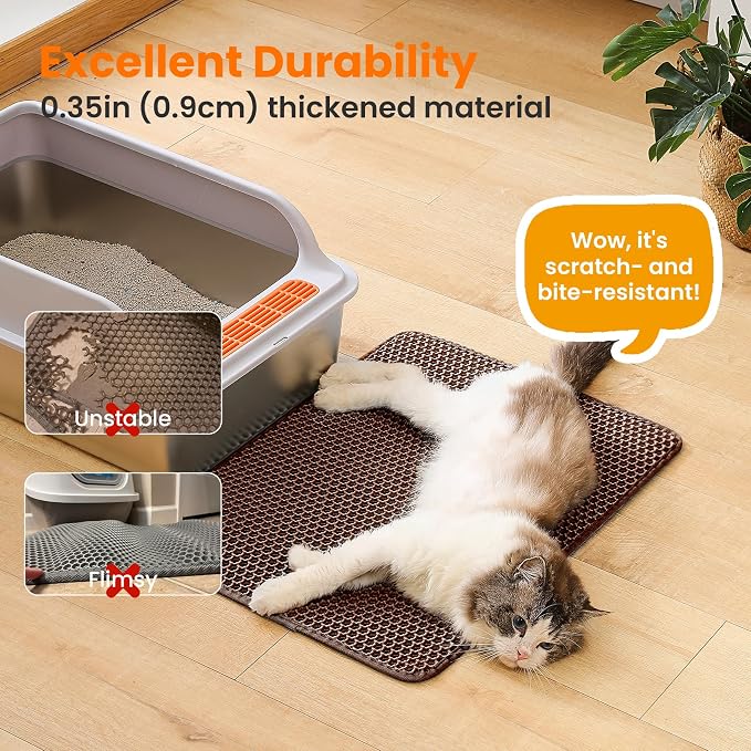 Cat Litter Mat, Double Layer Honeycomb Litter Box Mat | 24x18”, Efficient Litter Trapping, Easy to Clean, Waterproof, Non-Slip, Soft on Paws, Scratch Resistant, Brown, Large