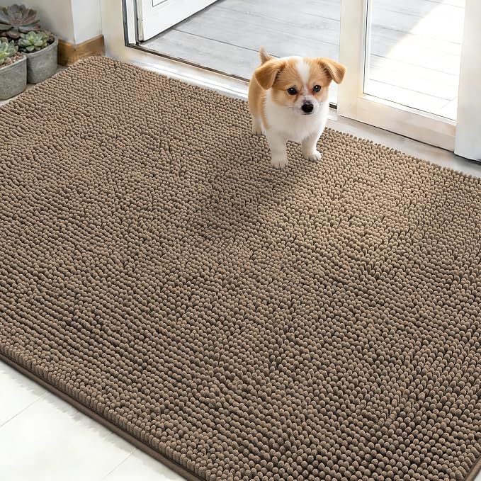 OLANLY Dog Door Mat for Muddy Paws 50x30, Super Absorbent Chenille Mud Mat | Tan, Absorbs Moisture and Dirt, Non-Slip Machine Washable Doormat, Quick-Drying Indoor Entryway Floor Carpet for Dogs