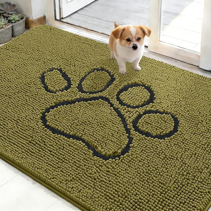 OLANLY Dog Door Mat for Muddy Paws 48x30, Paw Print Design Chenille Mud Mat | Willow Green, Absorbent, Traps Moisture and Dirt, Non-Slip Washable Doormat, Quick-Dry Indoor Entryway Floor Carpet for Dogs