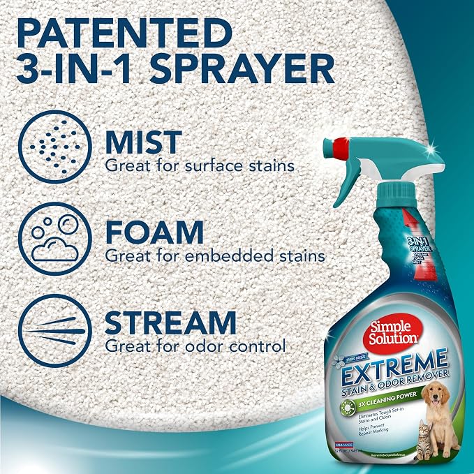 Simple Solution Pet Stain & Odor Remover, Enzyme Stain Cleaner, 32oz | Dog Stain & Odor Remover, Pet Urine Enzyme Cleaner, Dog Urine Carpet Cleaner, Pet Odor Eliminator, Spring Breeze Scent