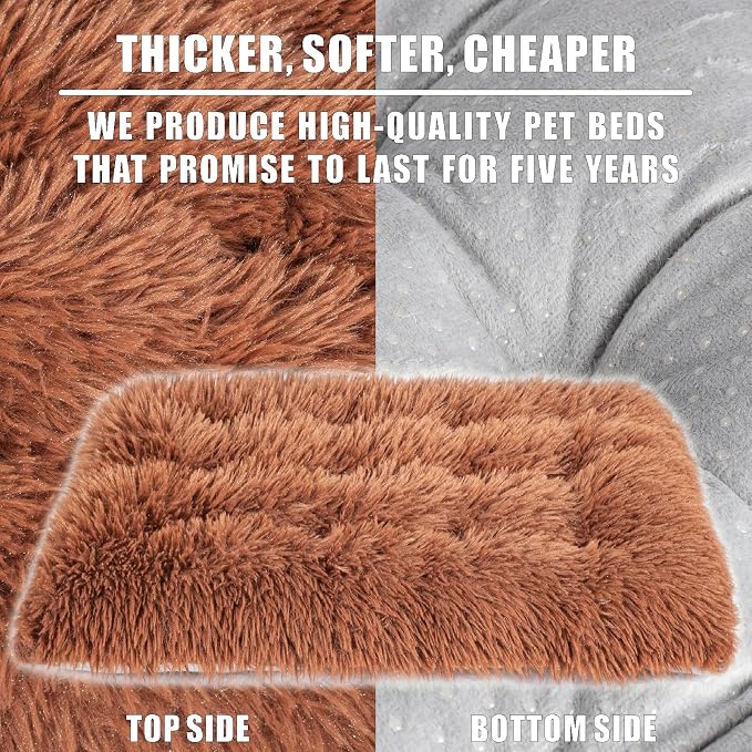 Machine Washable Dog Bed, Deluxe Plush Dog Crate Pad and Cat Bed, Anti-Slip Bottom Kennel Pad Mat, Fuzzy Pet Beds for Large, Medium, Small Dogs Breeds (Brown, 24.0" L x 18.0" W x 3.0" Th x 1 Pack)