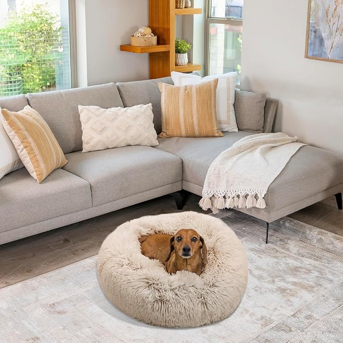 Best Friends by Sheri The Original Calming Donut Dog Bed for Small Dogs up to 25 lbs, Shag Faux Fur, Taupe, 23" x 23"