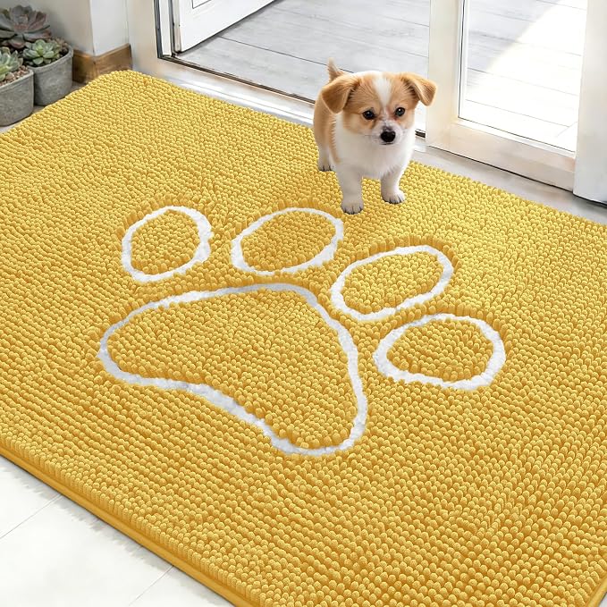 OLANLY Dog Door Mat for Muddy Paws 48x30, Paw Print Design Chenille Mud Mat | Yellow, Absorbent, Traps Moisture and Dirt, Non-Slip Washable Doormat, Quick-Drying Indoor Entryway Floor Carpet for Dogs