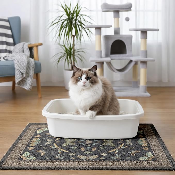 Cat Litter Mat 24"x15" for Litter Box, Non-Slip Washable Floor Mat with Litter Trapping Design, Scatter Control for Cats and Kittens, Black
