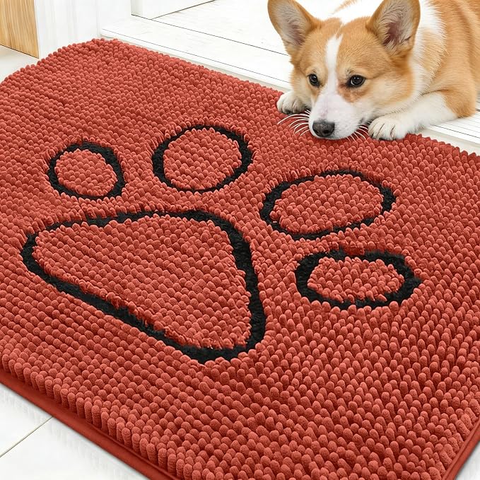 OLANLY Dog Door Mat for Muddy Paws 30x20, Paw Print Design Chenille Mud Mat | Maple Red, Absorbent, Traps Moisture and Dirt, Non-Slip Washable Doormat, Quick-Drying Indoor Entryway Floor Carpet for Dogs
