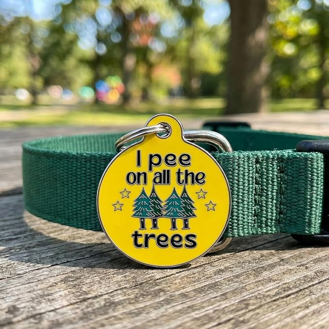 Bad Tags Personalized Dog and Cat ID Tags in 25+ Designs and 2 Sizes - 5 Lines of Custom Engraved Text - Funny Cute Personalized Pet Tags (I Pee On All The Trees, Small (1 inch))
