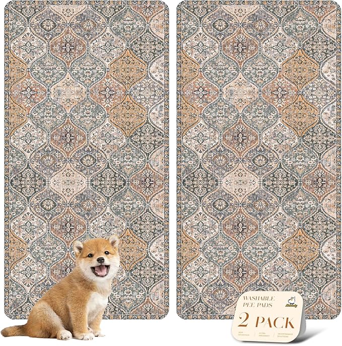 nunubaby Washable Pee Pads for Dogs, Stylish, Non-Slip and Leak-Proof Pee Pads. Reusable Potty Pads for Dogs for Crates and Floors.(Brown/Multi,24" x48" )
