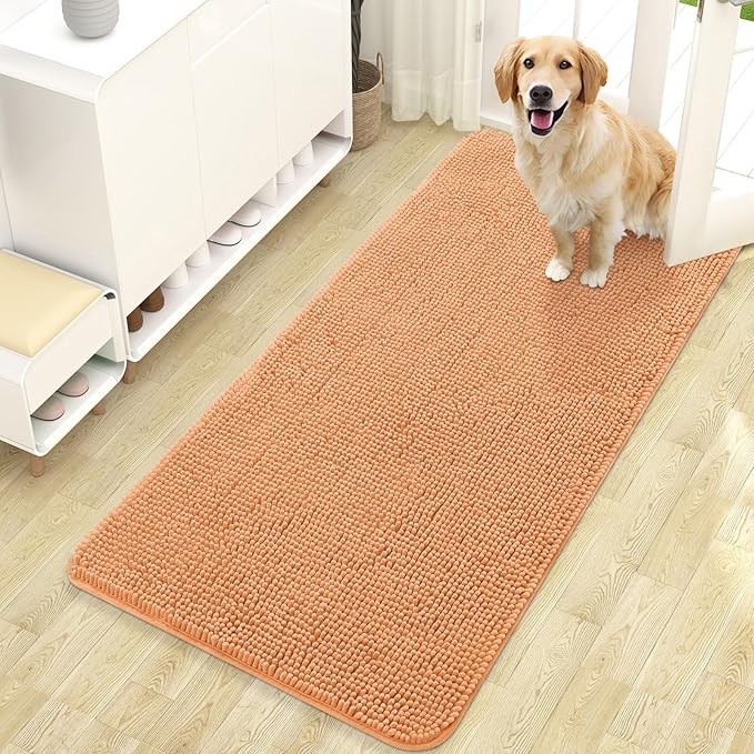 OLANLY Dog Door Mat for Muddy Paws 47x24, Super Absorbent Chenille Mud Mat | Orange, Absorbs Moisture and Dirt, Non-Slip Machine Washable Doormat, Quick-Drying Indoor Entryway Floor Carpet for Dogs