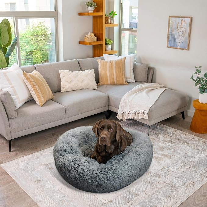 Best Friends by Sheri The Original Calming Donut Dog Bed for Large Dogs up to 100 lbs, Shag Faux Fur, Gray, Large, 36" x 36"
