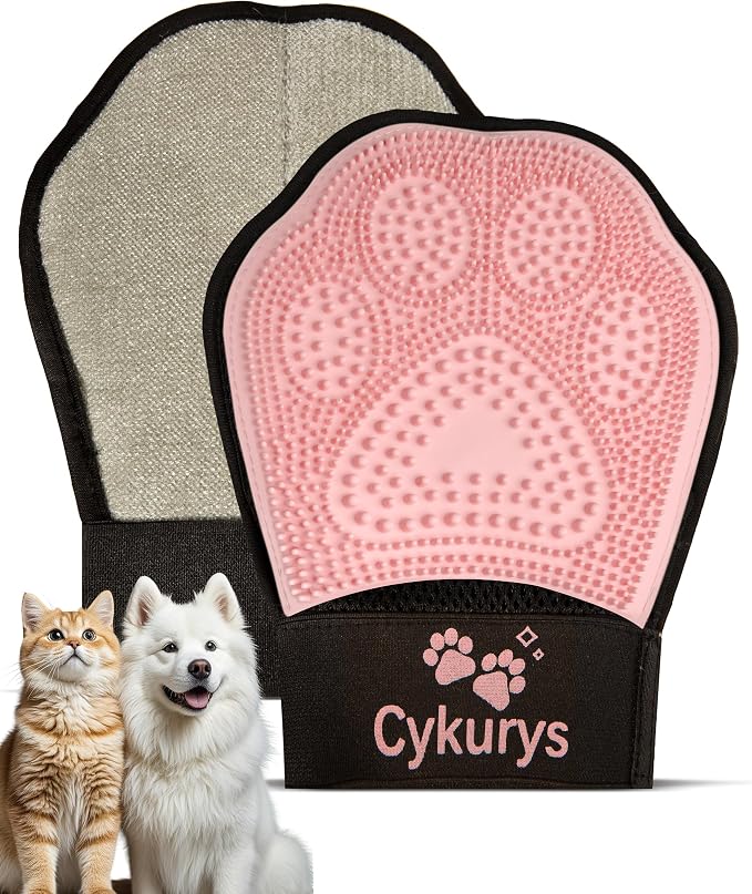 Pet Hair Removal Glove for Dogs & Cats, Double-Sided Grooming Glove | 2-in-1 Pet Grooming Tool, Electrostatic Hair Remover for Clothes & Furniture + Silicone Brush for Deshedding Pets，Pink