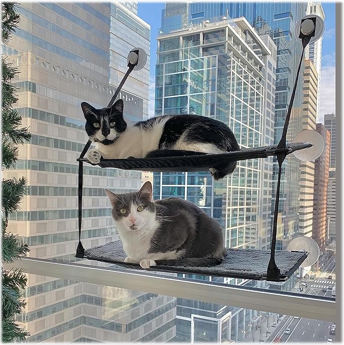 K&H Cat Window Perch, EZ Mount Double Stack Kitty Sill For Large Cats, Gray | Sturdy Cat Window Hammock Bed, Fits 27in Wx31in H Glass Spaces, Steel Frame & Suction Cups, 2 Washable Shelf Covers, Foldable