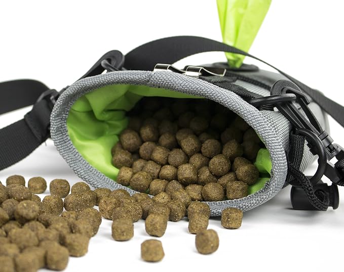 Dog Treat Pouch for Training with Poop Bag Dispenser | Adjustable Waist Belt, Metal Clip, Holds Treats Kibble and Accessories, Includes Pet Waste Bags