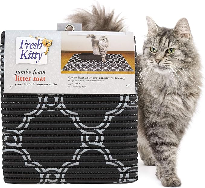 Fresh Kitty Durable XL Jumbo Foam Litter Box Mat – No Phthalate, Water Resistant, Traps Litter from Box, Scatter Control, Easy Clean Mats – Black & White 40"x 25", Black/White Quatrefoil (9036)