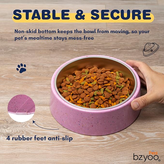 bzyoo 32oz 4CUP Dog & Cat Bowl, Sprinkle Design, Slanted Stainless Steel Pet Bowl with Removable Inner Bowl, Non-Slip Silicone Base, Dishwasher Safe, for Dry/Wet/Raw Food & Water (Pink)