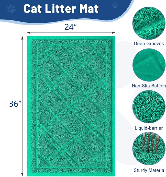 Smiry Cat Litter Box Mat 36x24, Non-Slip Water Resistant Litter Trapping Mat, Easy Clean Less Waste and Urine-Locking Cat Carpet for Indoor, Green