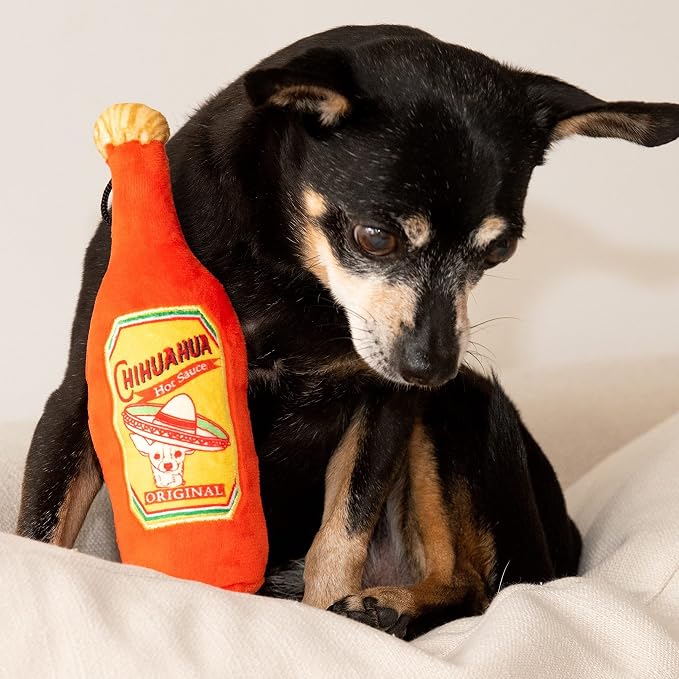 Huxley & Kent Funny Dog Toy w/Squeaker – Valentine's DayPower Plush Squeaky Dog Toys for Small, Medium & Large Dogs – Soft Stuffed Animal for Indoor Play & Fetch - Hot Chihuahua Sauce, Small