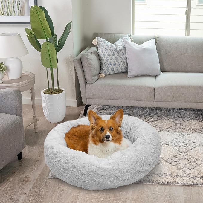 Best Friends by Sheri The Original Calming Donut Dog Bed for Medium Dogs up to 45 lbs, Lux Faux Fur, Gray, Medium, 30" x 30"