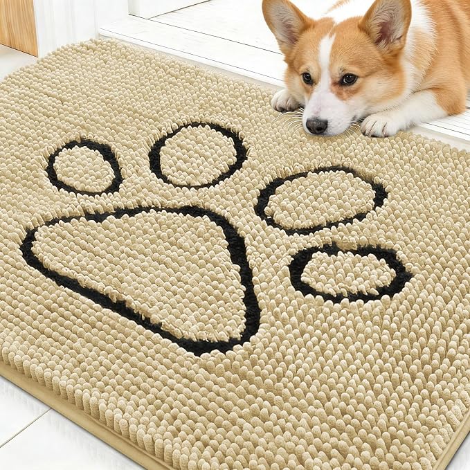 OLANLY Dog Door Mat for Muddy Paws 30x20, Paw Print Design Chenille Mud Mat | Sand, Super Absorbent, Traps Moisture and Dirt, Non-Slip Washable Doormat, Quick-Drying Indoor Entryway Floor Carpet for Dogs