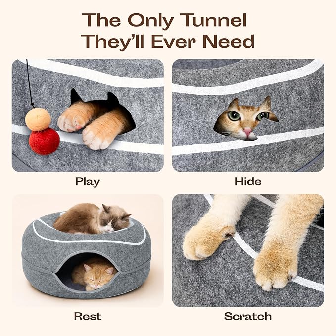 Peekaboo Cat Cave Donut - Cat Tunnel Bed for Indoor Cats – Cute Patterns Hideaway for Multiple & Large Cats, Scratch-Resistant (Dark Gray)