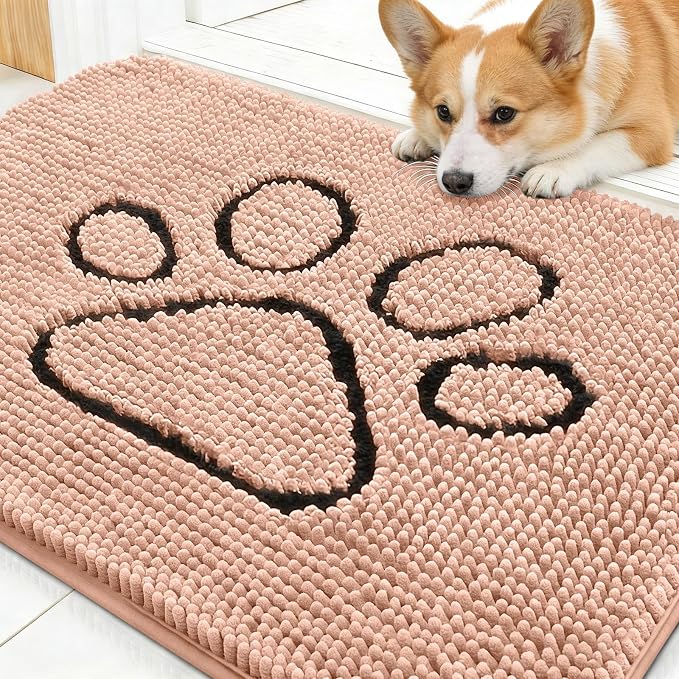 OLANLY Dog Door Mat for Muddy Paws 30x20, Paw Print Design Chenille Mud Mat | Peach, Absorbent, Traps Moisture and Dirt, Non-Slip Washable Doormat, Quick-Drying Indoor Entryway Floor Carpet for Dogs