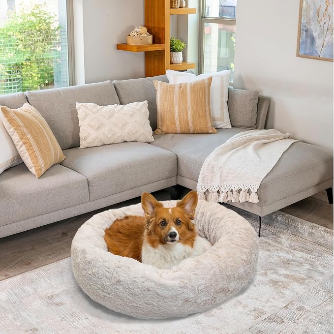 Best Friends by Sheri The Original Calming Donut Dog Bed for Medium Dogs up to 45 lbs, Lux Faux Fur, Oyster, Medium, 30" x 30"