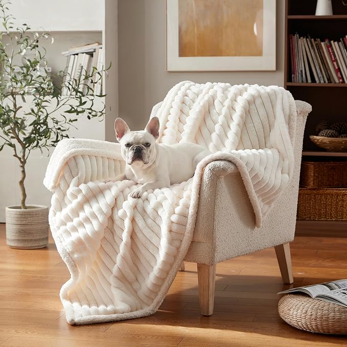 Waterproof Dog Blanket for Large Dogs, Soft Corduroy Fleece Pet Blanket Washable, Double Sided Cat Blankets for Furniture Protection, Reversible Cozy Calming Couch Blanket, 40"x50", Cream