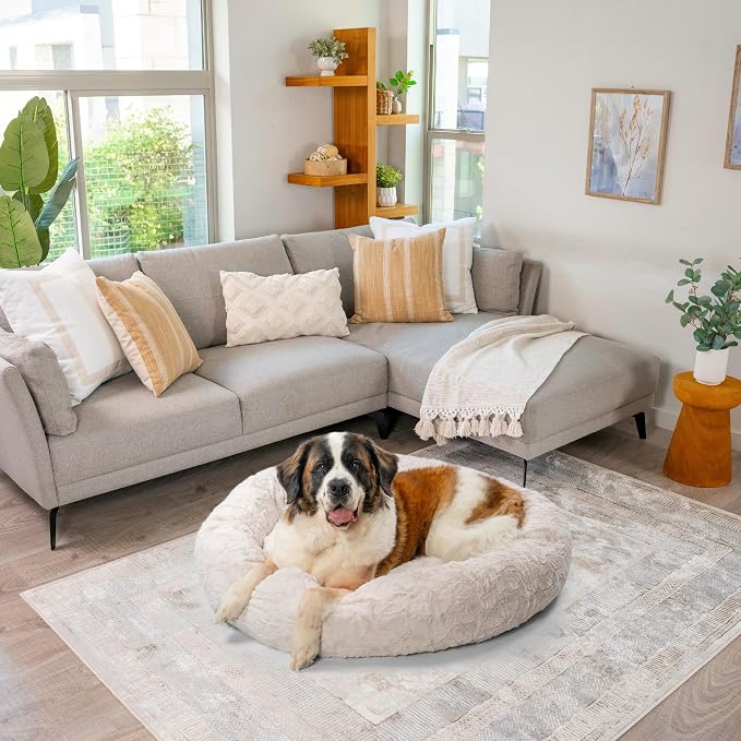 Best Friends by Sheri The Original Calming Donut Dog Bed for Extra-Large Dogs up to 150 lbs, Lux Faux Fur, Oyster, 45" x 45"