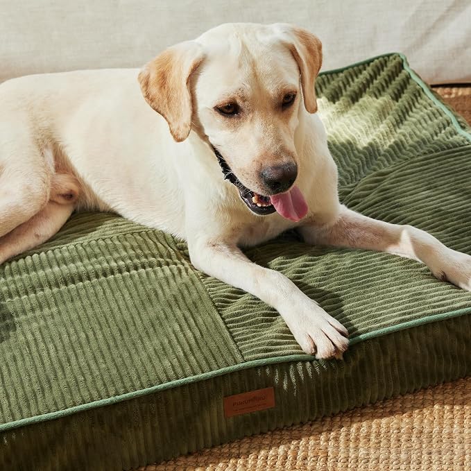 FUKUMARU Large Dog Bed, Thickened Waterproof Dog Mat with Washable Cover | Corduroy Orthopedic Dog Bed for Crate, 28D Egg Crate Foam Support Pet Mat, Cozy Flat Dog Pad with Anti-Slip Bottom, Green