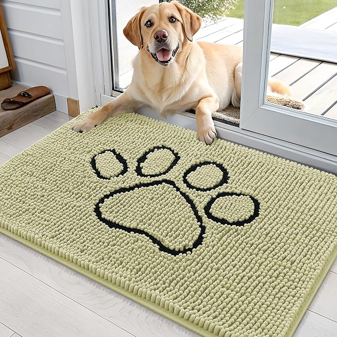 OLANLY Dog Door Mat for Muddy Paws 36x24, Paw Print Design Chenille Mud Mat | Vanilla, Absorbent, Traps Moisture and Dirt, Non-Slip Washable Doormat, Quick-Drying Indoor Entryway Floor Carpet for Dogs