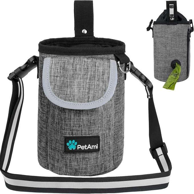 PetAmi Dog Treat Pouch, Large Hands-Free Training Bag, Gray | Built-In Poop Bag Dispenser, Holds 3 Cups Of Treats, 4 Ways to Wear, D-Ring, Reflective Strap, Dog Treat Bag for Walking