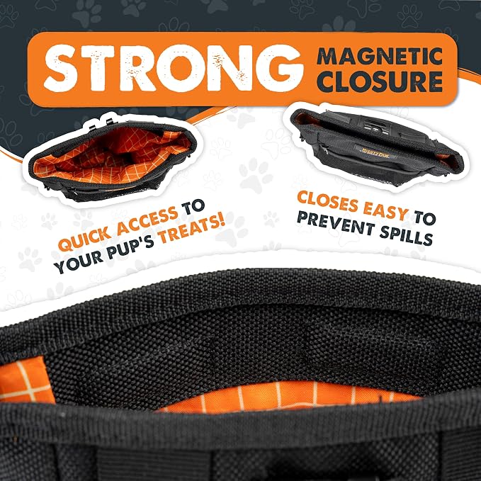 Mighty Paw Dog Training Treat Pouch, No-Spill Magnetic Clasp, Black | Adjustable Belt Sling, Waist Pack or Fanny Pack, Hands-Free Wear, Poop Bag Holder, 4 Pockets, Made in USA