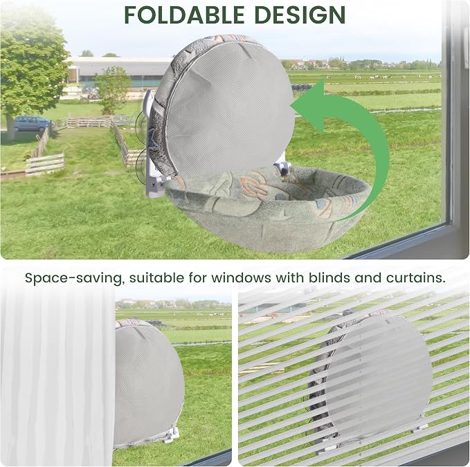 HiPetpy 1 Pack Cat Window Perch, Glow in The Dark Foldable Cat Hammock with Sunken Design & Removable Soft Cover, Breathable Cordless Window Bed for Resting Indoor Kitten (Grey Deep Perch, 1 Pack - M)