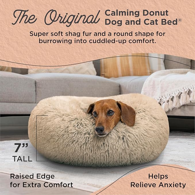 Best Friends by Sheri The Original Calming Donut Dog Bed for Small Dogs up to 25 lbs, Shag Faux Fur, Taupe, 23" x 23"