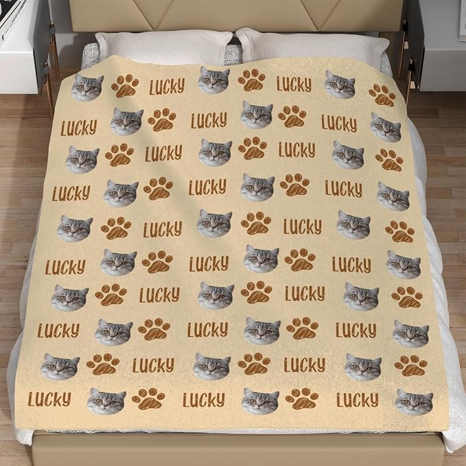 Custom Throw Blanket with Cat Face & Name Personalized Soft Fleece Funny Photo Blanket Multi Size Customized Throws for Couch Bed Sofa Gifts for Cat Dad Mom Pet Lovers