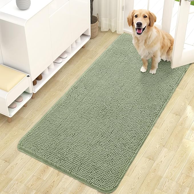 OLANLY Dog Door Mat for Muddy Paws 47x24, Super Absorbent Chenille Mud Mat | Sage Green, Absorbs Moisture and Dirt, Non-Slip Machine Washable Doormat, Quick-Drying Indoor Entryway Floor Carpet for Dogs