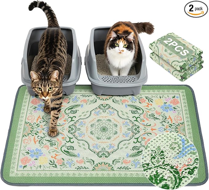 Unicorn Catcher 33X22in 2packCat Litter Mat Machine Washable Soft 3D Air Mesh Litter Box Rug Non-Slip Backing Quick Dry Scatter Control for Paws,Bean Green